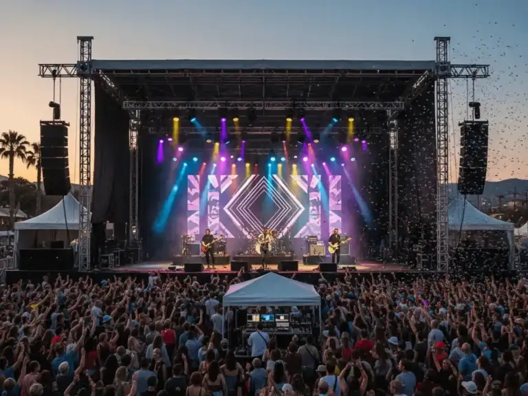 Concierto al aire libre con escenario iluminado y público - Producciones Doctor Morgan